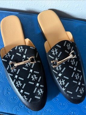 Black Slip-On Mules with Gold Bit & White Pattern